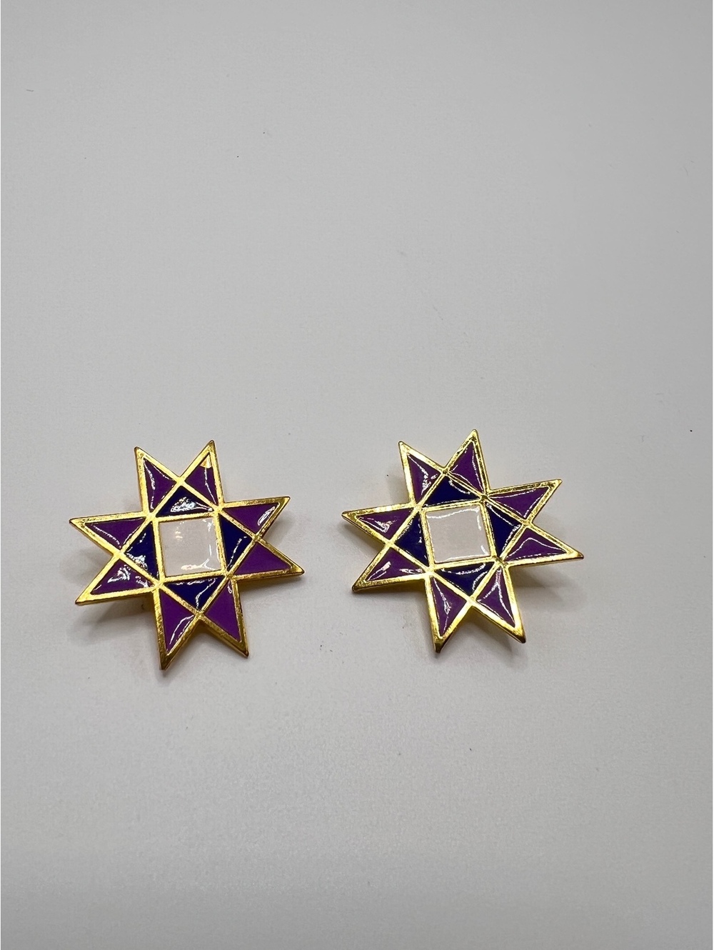 Vintage Purple Enamel Star Brooch Pins Matching Pair Gold Tone Geometric